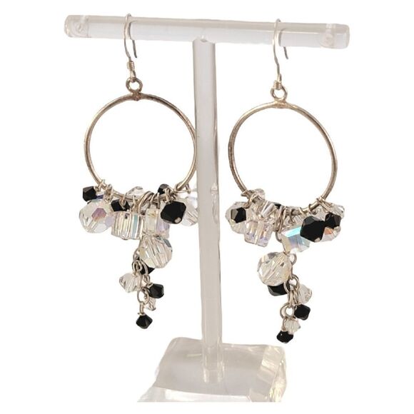 Sterling Crystal Iridescent Black Beaded Hoop Earrings - Picture 2 of 4